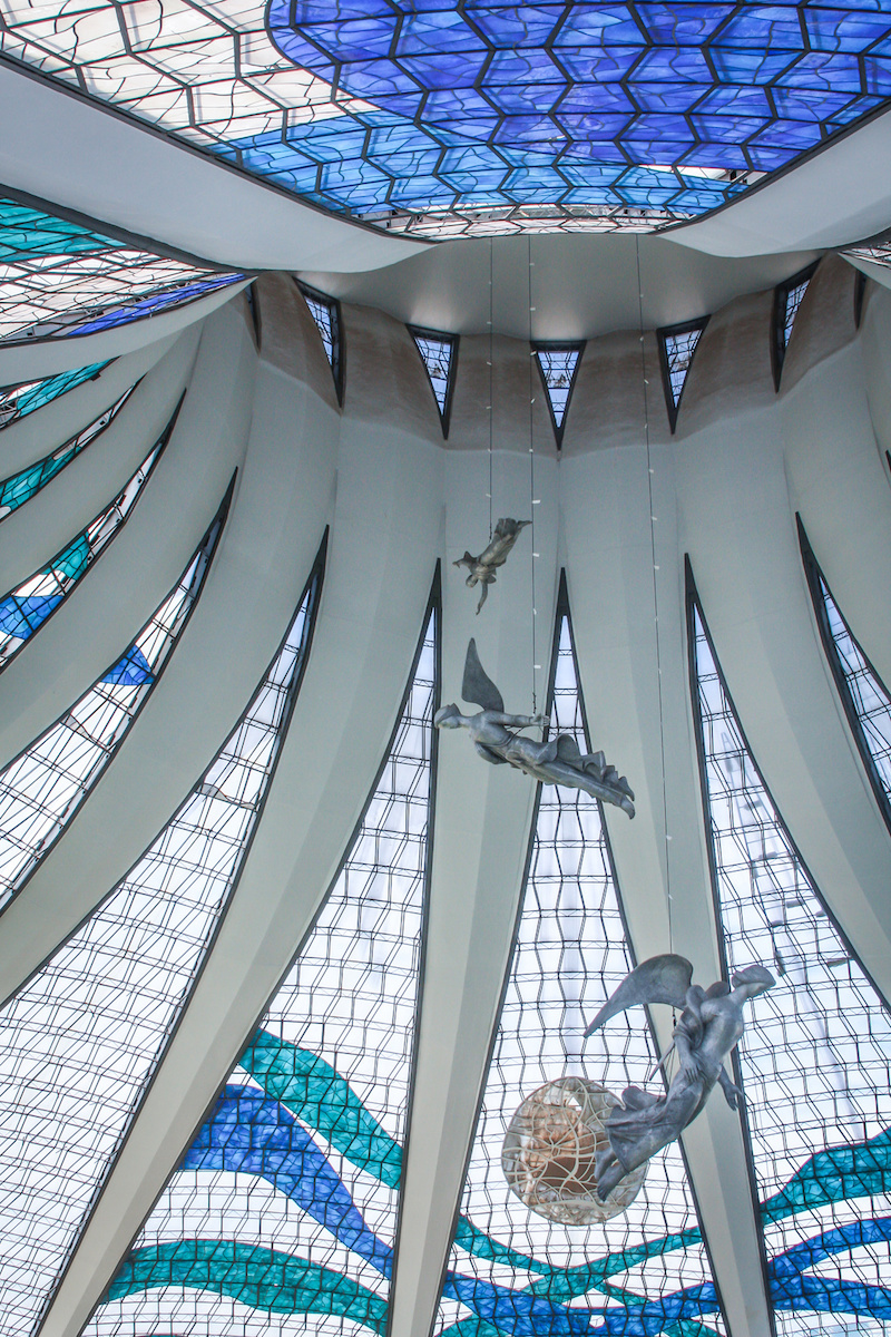 View of the stained glass roof inside the Brasilia cathedral